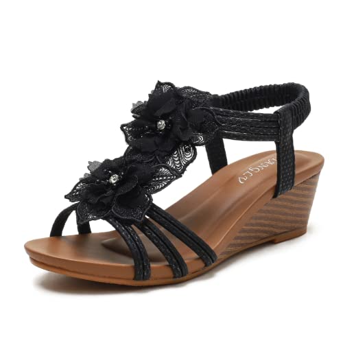 Damen Spitze Blumen Keilsandalen Urlaub Mittelabsatz Sandalen Mit Elastischen Knöchelriemen von Kzzwingan