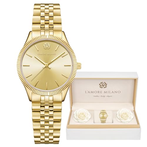 L'AMORE MILANO Damenuhr Rosenbox - Hochwertige Armbanduhr Edelstahl mit luxuriösem Design, wasserdicht 5 ATM - Edles Geschenk für Frauen, Freundin, Mutter - 32mm Damen Uhr (Gold) von L'AMORE MILANO