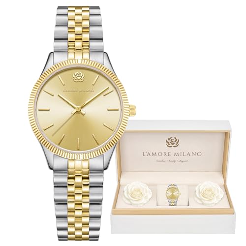L'AMORE MILANO Damenuhr Rosenbox - Hochwertige Armbanduhr Edelstahl mit luxuriösem Design, wasserdicht 5 ATM - Edles Geschenk für Frauen, Freundin, Mutter - 32mm Damen Uhr (Gold-Silber) von L'AMORE MILANO