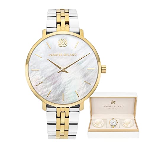 L'AMORE MILANO Damenuhr Rosenbox - Hochwertige Armbanduhr Edelstahl mit luxuriösem Design, wasserdicht 5 ATM - Elegantes Geschenk für Frauen, Freundin, Mutter - 36mm Damen Uhr Bicolor Gold Silber von L'AMORE MILANO