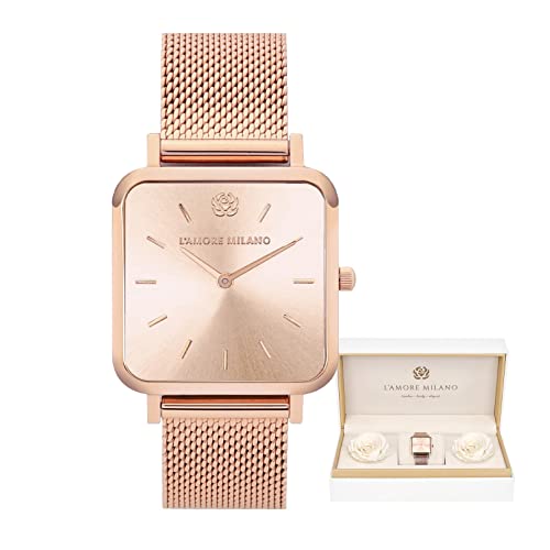 L'AMORE MILANO Damenuhr Rosenbox - Hochwertige Armbanduhr Edelstahl mit luxuriösem eckigem Design, wasserdicht 3 ATM - Elegantes Geschenk für Frauen, Freundin, Mutter - 28mm Damen Uhr Mesh Rosegold von L'AMORE MILANO