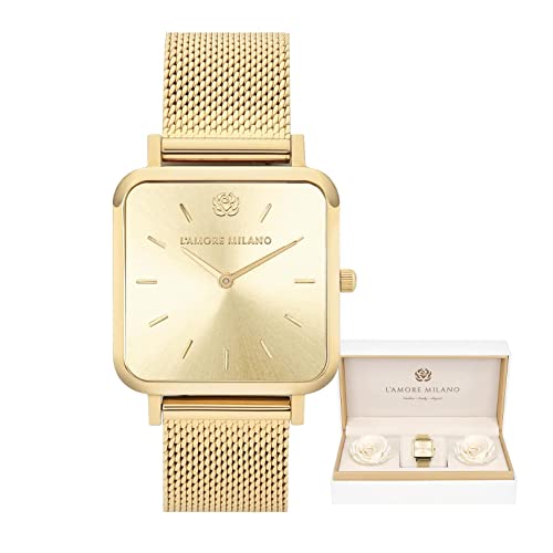L'AMORE MILANO Damenuhr Rosenbox - Hochwertige Armbanduhr aus Edelstahl mit luxuriösem eckigem Design, wasserdicht 3 ATM - Elegantes Geschenk für Frauen, Freundin, Mutter - 28mm Damen Uhr Mesh Gold von L'AMORE MILANO