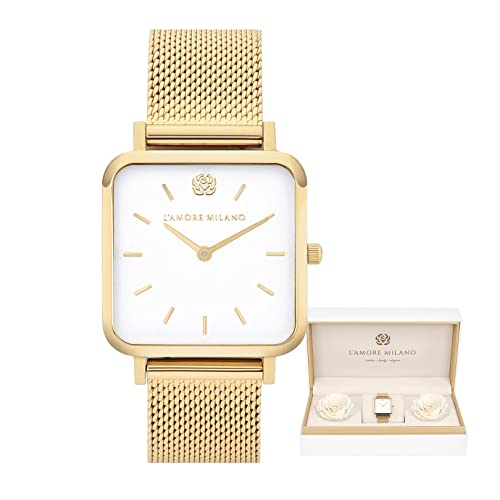 L'AMORE MILANO Damenuhr Rosenbox - Hochwertige Schmale Armbanduhr Edelstahl mit luxuriösem eckigem Design, wasserdicht 3 ATM - Edles Geschenk für Frauen, Freundin, Mutter - 28mm Damen Uhr Mesh Gold von L'AMORE MILANO