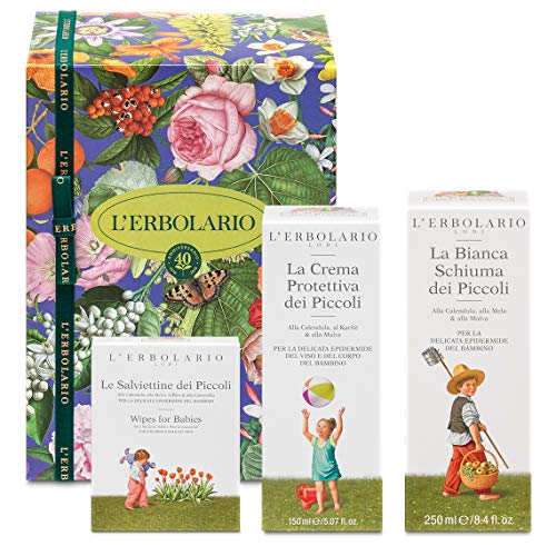 L'Erbolario Geschenkbox für Kinder – Linie Il Giardino dei Piccoli – weißer Schaum 250 ml, Schutzcreme 150 ml und Tücher der Kleinen von L'Erbolario