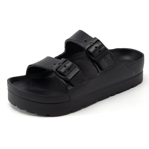 L LOUBIT Damen Plateau-Sandalen mit Fußgewölbeunterstützung, weiches Kissen, verstellbare Schnalle, rutschfest, leicht, rutschfest, Strandschuhe für den Sommer, Schwarz , 39 EU von L LOUBIT