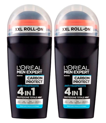 L'Oréal Paris Men Expert Carbon Protect Deodorant Roll-On Anti-Transpirant 4in1 Schutz 48h gegen schlechte Gerüche Feuchtigkeit mit XXL-Kopf Intensiver frischer Duft - 2 Flaschen à 50 ml von L'OREAL PARIS