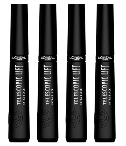 L'Oréal Paris Telescopic Lift Mascara, verlängerend und voluminös, 36 Stunden, Effekt gekräuselte Wimpern, ohne Klumpen, Formel mit Ceramiden, Farbe Extra Schwarz, 4 Kosmetika von L'OREAL PARIS