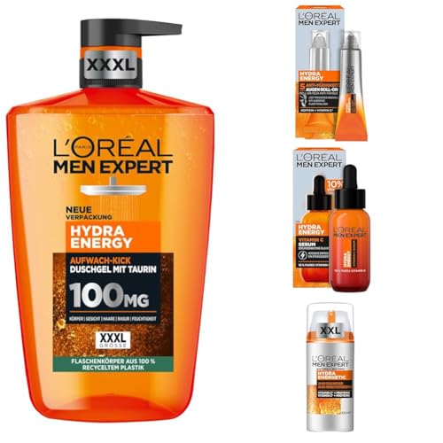 Hydra Energy Set aus L'Oréal Men Expert XXXL Duschgel, Augen Roll-On, Vitamin C Serum und XXL Feuchtigkeitspflege – gegen müde Haut mit Vitamin C, Taurin und Koffein von L'Oréal Men Expert