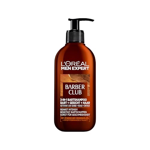 L'Oréal Men Expert 3-in-1 Bartshampoo für Männer, Bartseife für Bart, Gesicht und Haar, Herren Bartpflege gegen Schuppen mit holzigem Duft und ätherischem Zedernholzöl, Barber Club, 1 x 200 ml von L'Oréal Men Expert