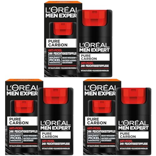 L'Oréal Men Expert Anti-Pickel Gesichtspflege für Männer, Feuchtigkeitscreme gegen Mitesser und Pickel Unreinheiten, Gesichtscreme für Herren mit Salicylsäure, Pure Carbon, 1 x 50 ml (Packung mit 3) von L'Oréal Men Expert