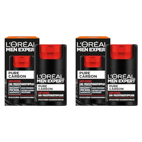 L'Oréal Men Expert Anti-Pickel Gesichtspflege für Männer, Feuchtigkeitscreme gegen Mitesser und Pickel Unreinheiten, Gesichtscreme für Herren mit Salicylsäure, Pure Carbon, 1 x 50 ml (Packung mit 2) von L'Oréal Men Expert