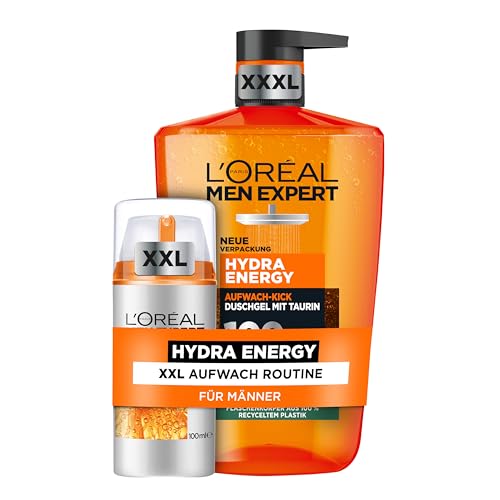 L'Oréal Men Expert Aufwach-Kick Pflegeset für Männer, Mit XXXL Duschgel und XXL Gesichtscreme, Set für Herren mit Taurin und Vitamin C, Hydra Energy, 2-teilig von L'Oréal Men Expert