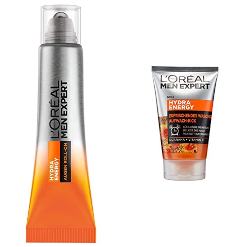 L'Oréal Men Expert Augen Roll-On gegen müde Haut für Männer, 10 ml & L'Oréal Men Expert Gesichtsreinigung für Männer, Erfrischendes und pflegendes Reinigungsgel mit Aufwach-Kick für Männer, 1 x 100 ml von L'Oréal Men Expert