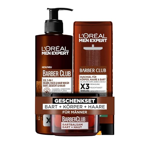 L'Oréal Men Expert Barber Club Advanced Pflegeset für Männer, Mit XXL Duschgel, Bartshampoo und Bartbalsam, Set für Herren mit holzigem Duft und ätherischem Zedernholzöl, Barber Club, 3-teilig von L'Oréal Men Expert