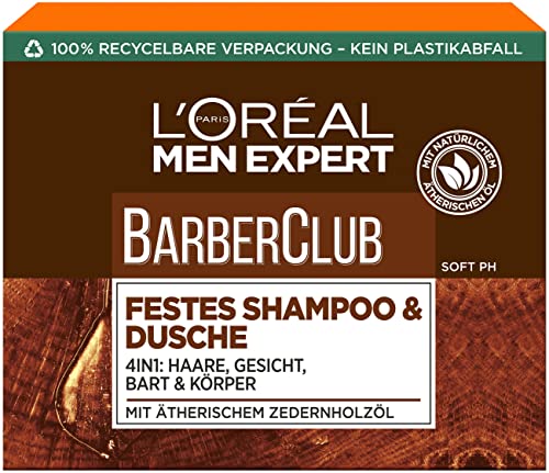 L'Oréal Men Expert Festes Shampoo für Männer, XL-Seifenstück zur Reinigung von Körper, Haar & Bart, Mit pflegendem Zedernholzölkomplex, Barber Club, 1 x 80 g von L'Oréal Men Expert