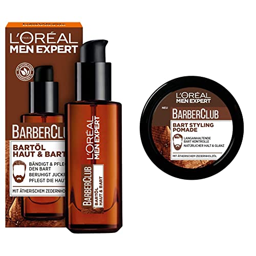 L'Oréal Men Expert Bartöl mit Zedernholzöl, Barber Club, 1 x 30 ml & L'Oréal Paris Men Expert Bart Pomade und Haarwachs, Natürliches Finish, Barber Club Bart & Haar Styling Pomade, 1 x 75 ml von L'Oréal Men Expert