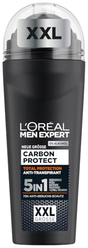 L'Oréal Men Expert XXL 5in1 Deoroller für Männer, Deo Roll-On gegen starken Schweißgeruch, Schwitzen, Achselnässe und weiße Rückstände, Herren 48H Deodorant ohne Alkohol, Carbon Protect, 1 x 100 ml von L'Oréal Men Expert