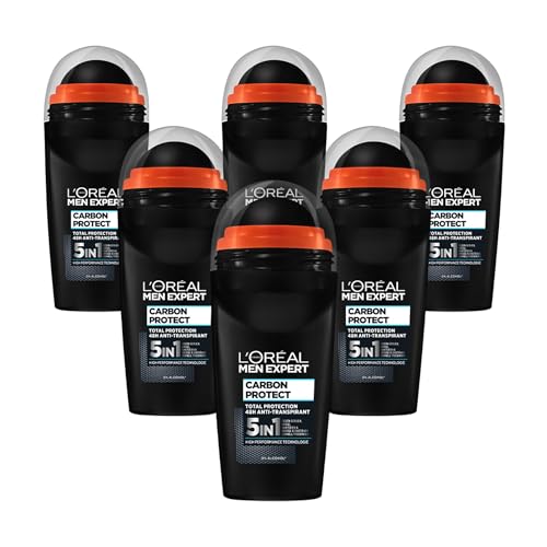 L'Oréal Men Expert Deo für Männer, 5-in-1 Deoroller gegen Geruchsbildung, Nässe, Bakterien und weiße Rückstände für bis zu 72 Stunden Frische, Carbon Protect, 6 x 50 ml von L'Oréal Men Expert