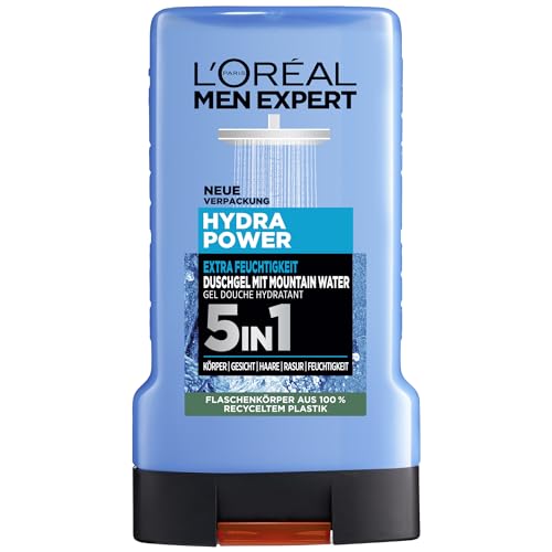 L'Oréal Men Expert Duschgel und Shampoo für Männer, Duschbad zur Reinigung von Körper,Herren Körperpflege für hydratisierte Haut mit Mountain Water,Hydra Power Mountain Water Duschgel, 1 x 250 ml von L'Oréal Men Expert