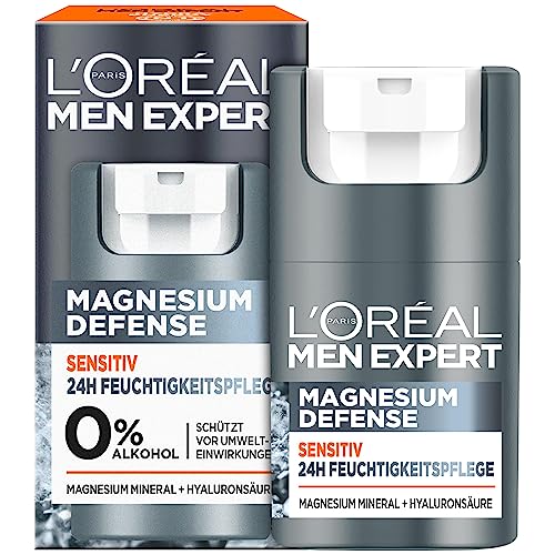 L'Oréal Men Expert Sensitiv Gesichtspflege für Männer, Beruhigende Feuchtigkeitscreme für empfindliche Haut, Gesichtscreme für Herren mit Magnesium und Hyaluronsäure, Magnesium Defense, 1 x 50 ml von L'Oréal Men Expert