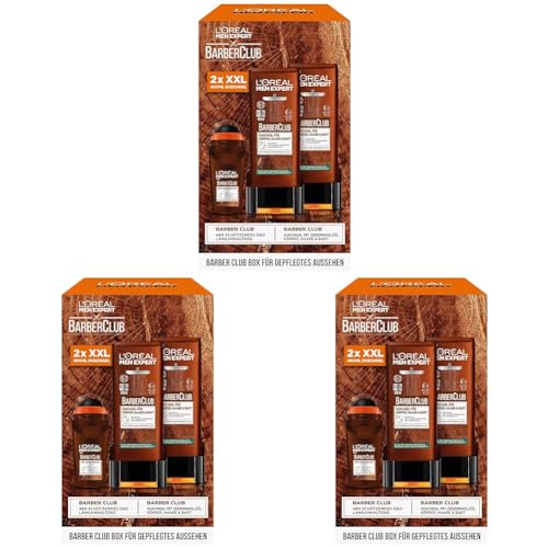 L'Oréal Men Expert Geschenk-Set für Männer mit XXL Duschgel und Deo Roll-On, Mit ätherischem Zedernholzöl, Herren Geschenkset, Barber Club Box, 2 x 400 ml, 1 x 50 ml (Packung mit 3) von L'Oréal Men Expert