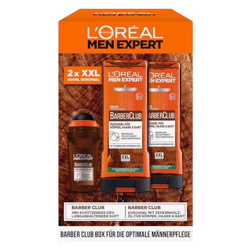 L'Oréal Men Expert Pflegeset für Männer, Geschenkset mit XXL Duschgel und Deoroller, Geschenke für Herren inklusive Bodywash und Deo Roll-On mit Zedernholzöl, Barber Club, 2 x 400 ml, 1 x 50 ml von L'Oréal Men Expert