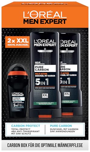 L'Oréal Men Expert Geschenkset für Männer mit 5-in-1 Deodorant und XXL 5in1 Duschgel für Haar, Körper und Gesicht, Vorteilspack mit Carbon Protect Deoroller und Pure Carbon Bodywash, 3-teilig von L'Oréal Men Expert