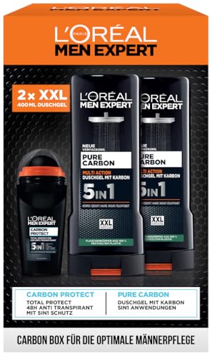 L'Oréal Men Expert Pflegeset für Männer, Geschenkset mit XXL 5-in-1 Duschgel und Deoroller, Geschenke für Herren inklusive Bodywash und Deo Roll-On mit Karbon, Pure Carbon, 2 x 400 ml, 1 x 50 ml von L'Oréal Men Expert