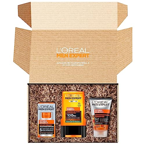 L'Oréal Men Expert Pflegeset gegen müde Haut für Männer, Geschenkset mit Waschgel, Duschgel und Gesichtscreme, Geschenk für Herren mit Taurin und Vitamin C, Hydra Energy, 3-teiliges Set von L'Oréal Men Expert