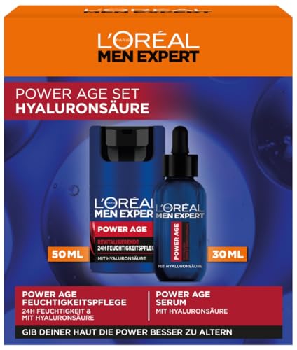 L'Oréal Men Expert Pflegeset gegen Falten für Männer, Geschenkset mit Anti-Aging Gesichtscreme und Serum gegen matte Haut, Geschenke für Herren mit Hyaluronsäure, Power Age, 1 x 50 ml, 1 x 30 ml von L'Oréal Men Expert