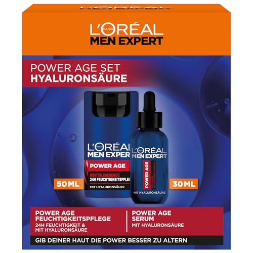 L'Oréal Men Expert Pflegeset gegen Falten für Männer, Geschenkset mit Anti-Aging Gesichtscreme und Serum für müde und matte Haut, Geschenk für Herren mit Hyaluronsäure, Power Age, 1 x 50 ml, 1 x 30 ml von L'Oréal Men Expert