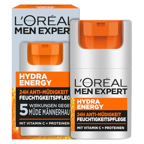 L'Oréal Men Expert Gesichtspflege gegen müde Haut für Männer, Belebende Feuchtigkeitscreme 24H Anti-Müdigkeit, Gesichtscreme für Herren mit Vitamin C und Proteinen, Hydra Energy, 1 x 50 ml von L'Oréal Men Expert