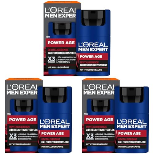 L'Oréal Men Expert Gesichtspflege gegen Falten für Männer, Anti-Aging Feuchtigkeitscreme für müde und matte Haut, Gesichtscreme für Herren mit Hyaluronsäure, Power Age, 1 x 50 ml (Packung mit 3) von L'Oréal Men Expert