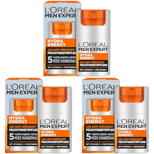 L'Oréal Men Expert Gesichtspflege gegen müde Haut für Männer, Belebende Feuchtigkeitscreme 24H Anti-Müdigkeit, Gesichtscreme für Herren mit Vitamin C und Proteinen, Hydra Energy, 1 x 50 ml von L'Oréal Men Expert