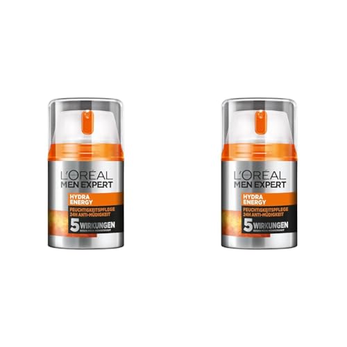 L'Oréal Men Expert Gesichtspflege gegen müde Haut für Männer, Belebende Feuchtigkeitscreme Vitamin C, Hydra Energy Feuchtigkeitspflege 24H Anti-Müdigkeit, 1 x 50 ml (Packung mit 2) von L'Oréal Men Expert