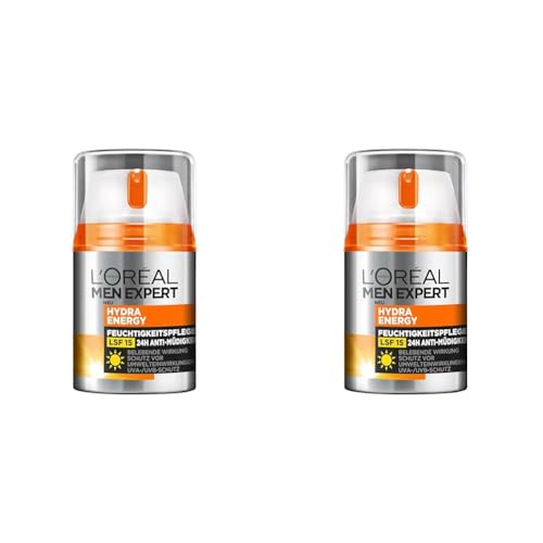 L'Oréal Men Expert Gesichtspflege mit LSF 15, Feuchtigkeitscreme mit Sonnenschutz, Mit Guarana und Vitamin C, Hydra Energy Feuchtigkeitspflege 24H Anti-Müdigkeit, 1 x 50 ml (Packung mit 2) von L'Oréal Men Expert