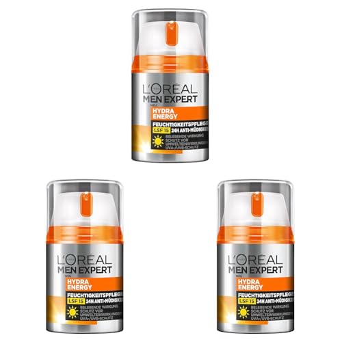 L'Oréal Men Expert Gesichtspflege mit LSF 15, Feuchtigkeitscreme mit Sonnenschutz, Mit Guarana und Vitamin C, Hydra Energy Feuchtigkeitspflege 24H Anti-Müdigkeit, 1 x 50 ml (Packung mit 3) von L'Oréal Men Expert