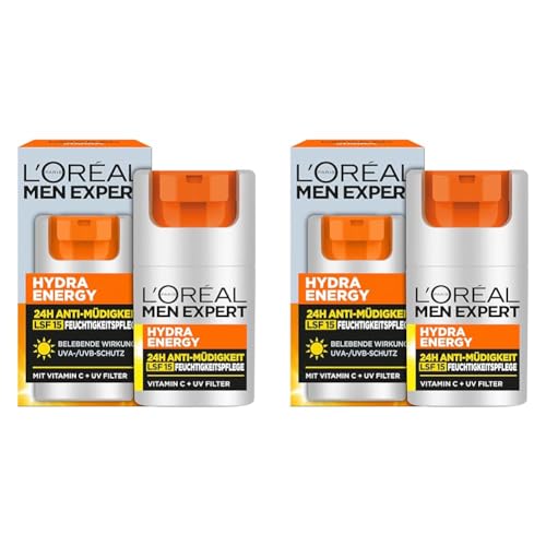 L'Oréal Men Expert Gesichtspflege mit LSF 15 für Männer, Belebende Feuchtigkeitscreme 24H Anti-Müdigkeit mit Sonnenschutz, Gesichtscreme für Herren mit Vitamin C und Proteinen, Hydra Energy, 1 x 50 ml von L'Oréal Men Expert