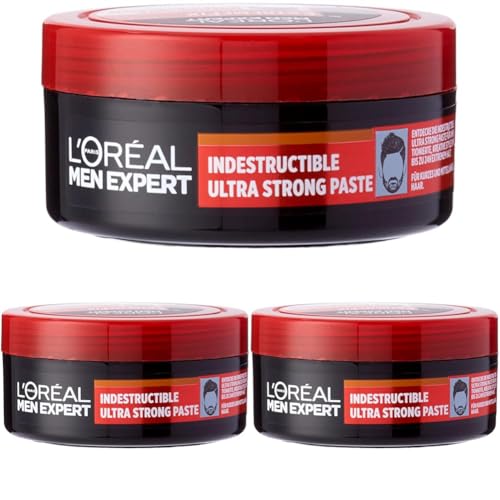 L'Oréal Men Expert Haarstyling Paste für Männer, Für auffallend kreative Styles mit bis zu 24h extrem starker Halt, Extreme Fix Indestructable Ultra Strong Paste, 1 x 75 ml (Packung mit 3) von L'Oréal Men Expert