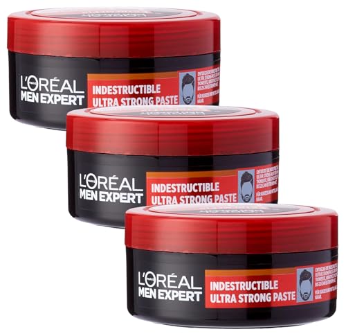 L'Oréal Men Expert Haarstyling Paste für Männer, Für auffallend kreative Styles mit bis zu 24h extrem starker Halt, Extreme Fix Indestructable Ultra Strong Paste, 1 x 75 ml (Packung mit 3) von L'Oréal Men Expert