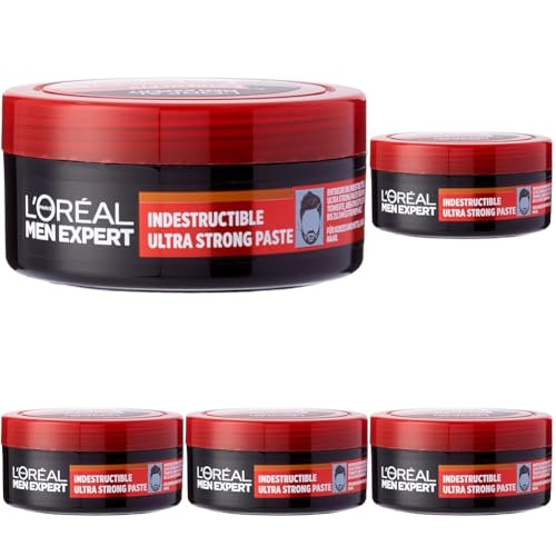 L'Oréal Men Expert Haarstyling Paste für Männer, Für auffallend kreative Styles mit bis zu 24h extrem starker Halt, Extreme Fix Indestructable Ultra Strong Paste, 1 x 75 ml (Packung mit 5) von L'Oréal Men Expert