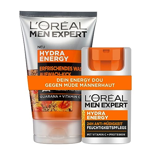 L'Oréal Men Expert Gesichtspflegeset für Männer, Gesichtsreinigung (100ml) + Feuchtigkeitscreme (50ml), Erfrischende und Belebende Männerpflege mit Vitamin C, Hydra Energy Set von L'Oréal Men Expert