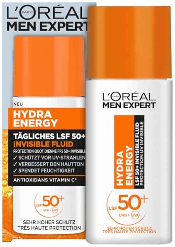 L'Oréal Men Expert UV Sonnenschutz LSF 50 für Männer, Invisible Fluid für das Gesicht gegen Sonnenstrahlen, Herren Sonnencreme SPF 50+ gegen Hautalterung mit Vitamin C, Hydra Energy, 1 x 50 ml von L'Oréal Men Expert