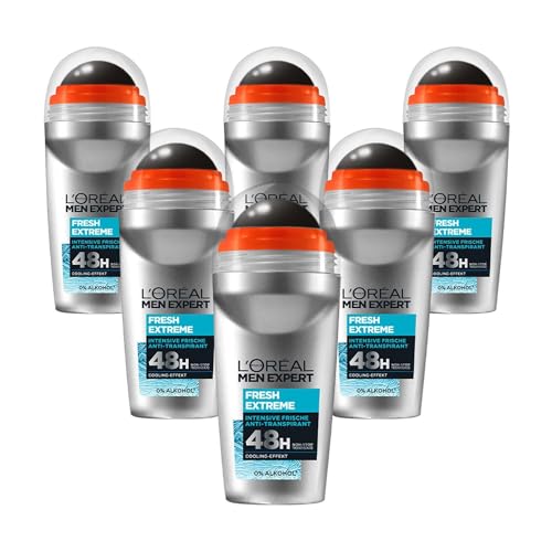 L'Oréal Men Expert 48H Deoroller für Männer, Deo Roll-On gegen starken Schweißgeruch, Schwitzen und Achselnässe, Herren Deodorant mit Cooling-Effekt ohne Alkohol, Fresh Extreme, 6 x 50 ml von L'Oréal Men Expert