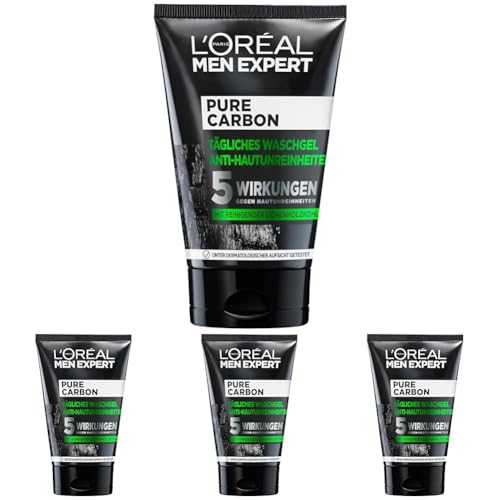 L'Oréal Men Expert L'Oréal Paris Men Expert Waschgel für das Gesicht, Unreine Haut, Gesichtsreinigung für Männer, Pure Carbon Waschgel Anti-Hautunreinheiten, 1 x 100 ml (Packung mit 4) von L'Oréal Men Expert