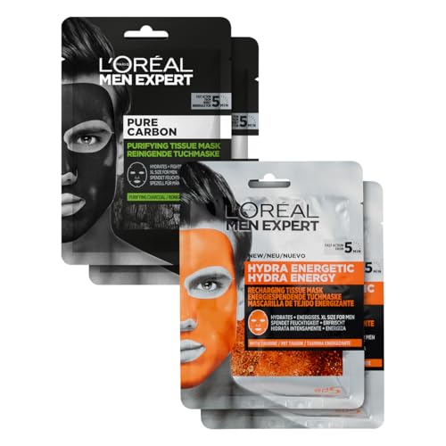 L'Oréal Men Expert Tuchmasken 4er Set für Männer, Feuchtigkeitsspendende Gesichtsmasken gegen Mitesser und Pickel Unreinheiten, Gesichtspflege Geschenkset für Herren, Hydra Energy Pure Carbon, 4 x 30g L'Oréal Men Expert Tuchmasken 4er Set für Männer, Feuchtigkeitsspendende Gesichtsmasken gegen Mitesser und Pickel Unreinheiten, Gesichtspflege Geschenkset für Herren, Hydra Energy Pure Carbon, 4 x 30g von L'Oréal Men Expert