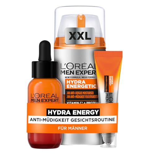 L'Oréal Men Expert Pflegeset gegen müde Haut für Männer, Mit XXL Gesichtscreme, Gesichtsserum und Augen Roll-On, Set für Herren mit Feuchtigkeitspflege Anti-Müdigkeit, Hydra Energy, 3-teilig von L'Oréal Men Expert