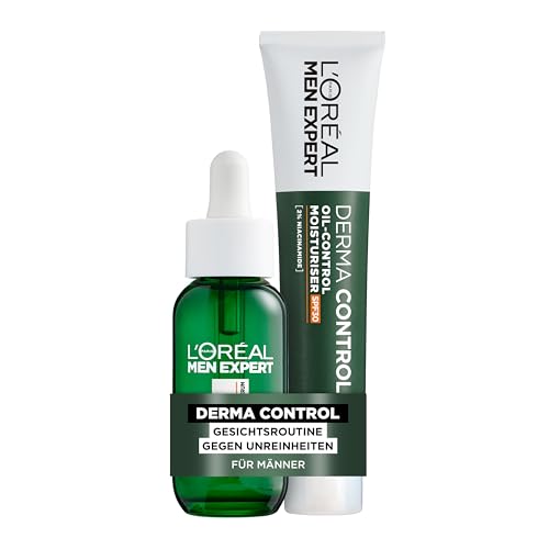 L'Oréal Men Expert Pflegeset gegen unreine Haut für Männer, Geschenkset mit Serum und Gesichtscreme, Geschenke für Herren mit Niacinamide und Salizylsäure, Derma Control, 1 x 30 ml, 1 x 40 ml von L'Oréal Men Expert