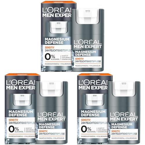 L'Oréal Men Expert Sensitiv Gesichtspflege für Männer, Beruhigende Feuchtigkeitscreme für empfindliche Haut, Gesichtscreme für Herren mit Magnesium und Hyaluronsäure, Magnesium Defense, 1 x 50 ml von L'Oréal Men Expert