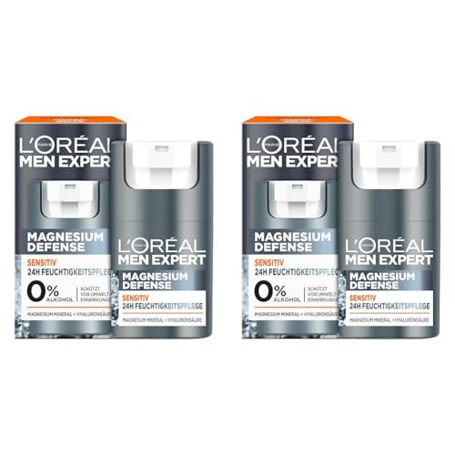 L'Oréal Men Expert Sensitiv Gesichtspflege für Männer, Beruhigende Feuchtigkeitscreme für empfindliche Haut, Gesichtscreme für Herren mit Magnesium und Hyaluronsäure, Magnesium Defense, 1 x 50 ml von L'Oréal Men Expert